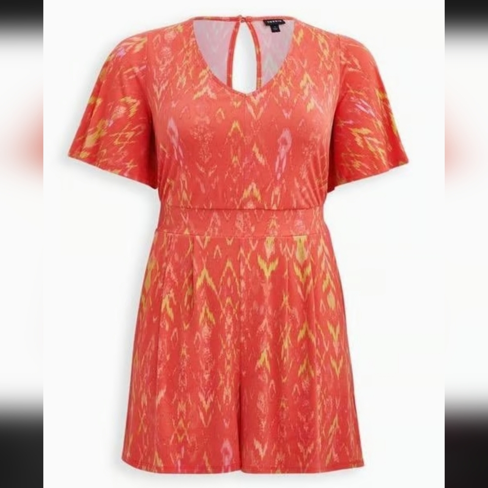 Torrid 2X 18/20 1X 14/16 Ikat Knit Romper Coral Pink Yellow Keyhole Pockets